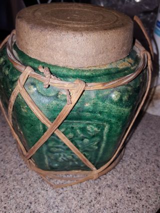 Antique Shiwan Green Jade Glazed Hexagonal Earthenware Ginger Jar Raffia w/Lid 2