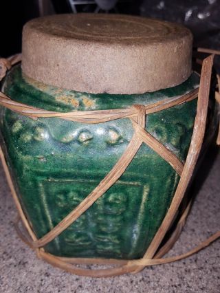 Antique Shiwan Green Jade Glazed Hexagonal Earthenware Ginger Jar Raffia w/Lid 3