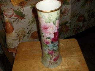 Antique Ceramic Umbrella Stand Floor Vase Roses Hand Painted 15 "