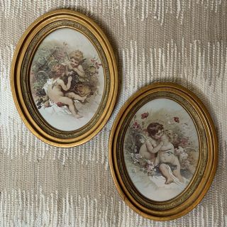 Vintage Gold Oval Framed Cupids Cherubs Angels Children Romantic Art Prints Cute