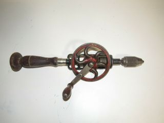Antique Cast Iron W/wood Handled Hand - Crank Drill Tool