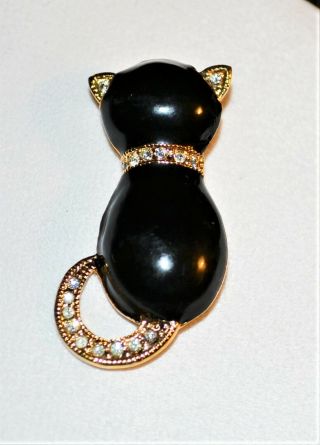 Vintage Roman Cat Brooch Gold Plated Black Enamel Rhinestone Womens Jewelry