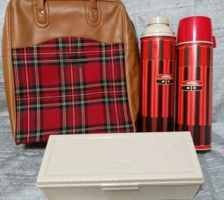 Vintage Red Plaid Picnic Set : Bag 1qt Sandwich Box - 2 Glass Lined Thermos
