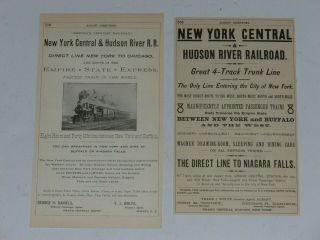 2 Orig Rare Antique 1890 1894 York Central & Hudson River Railroad Ad Vtg