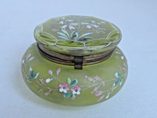 Antique Victorian Hand Painted Lime Green Glass Dresser Trinket Jar