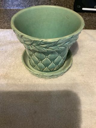 Vintage Mccoy Usa Pottery Green Quilted Diamond And Leaf Planter Pot Ceramic 5x6
