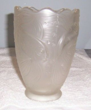 Antique Art Deco Bohemia Czech Frosted Glass Vase Fish Koi 7 " Tall