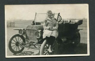 Vintage Car Photo Pretty Girl W/ Brass Model T Ford Touring 423027