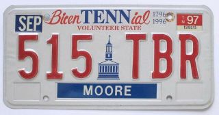 Tennessee 1997 State Bicentennial License Plate,  515 Tbr,  Moore County