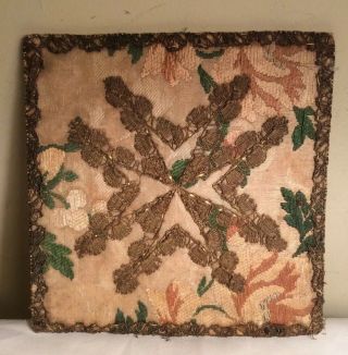Antique 18th C.  French Silk Gold Metal Tread Religious Textile Cross Fragment