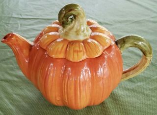 Vintage Ceramic Painted Harvest Pumpkin Teapot With Lid - Halloween - Thanksgiving