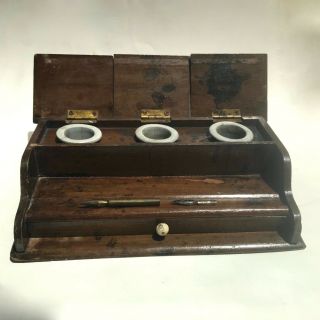 Wooden Desk Top Writing Box With Drawer And 3 Antique Inkwell Pots