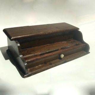 Wooden Desk Top Writing Box with Drawer and 3 Antique Inkwell Pots 2