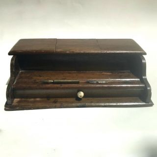 Wooden Desk Top Writing Box with Drawer and 3 Antique Inkwell Pots 3