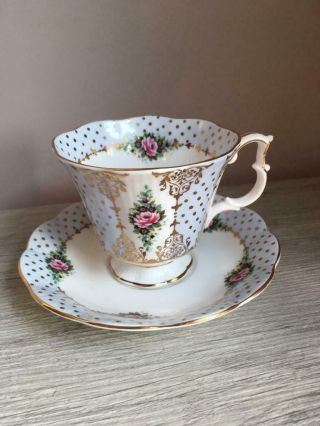 Vintage Royal Albert Pierrette Blue & Pink Roses Pedestal Tea Cup & Saucer