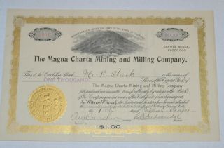 The Magna Charta Mining And Milling Company 1901 Antique Stock Certificate Cripp