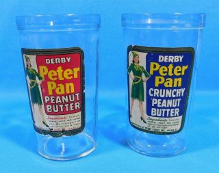 2 Derby Peter Pan Crunchy & Regular Vintage Peanut Butter Glass Jars W/ Labels