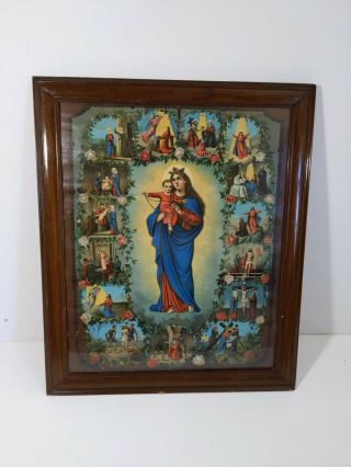 Antique Framed Print - Jesus Christ Life Scenes Crucifixion Mary Queen Of Heaven
