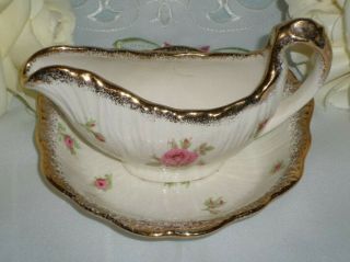Vintage Crown Ducal Pink Roses Saucer Gravy Boat Jug And Plate
