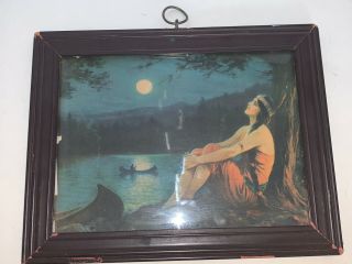 Antique Wooden Picture Frame,  Native American Indian Maiden Print Lake Canoe Moon