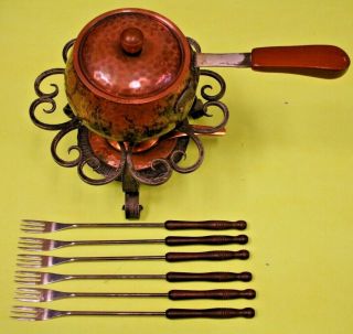 Vintage / Antique Hammered Copper Swiss Fondue Set By Stockli Netstal