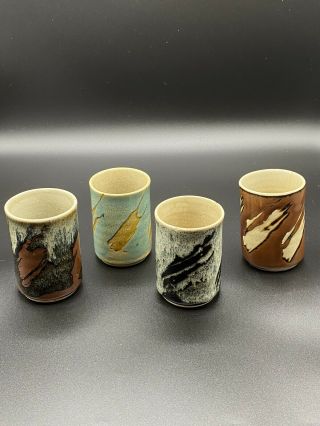 Set Of 4 Vintage Handmade Ceramic Sake Cups 2.  5 X 3.  5 "