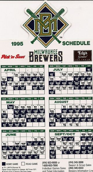 Milwaukee Brewers 1995 Sga Magnetic Schedule Opening Day Milw.  County Stadium