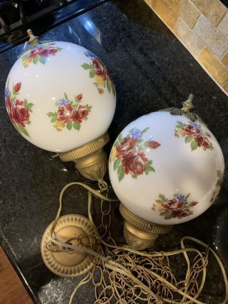 Lovely Antique Double - Globe Hanging Swag Light,  Mid - Century,  Hand - Painted
