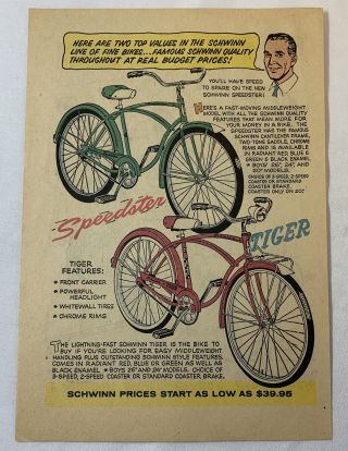 1959 Schwinn Bicycle Cartoon Ad Speedster,  Tiger
