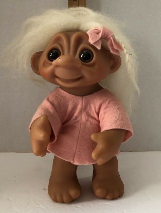 Vintage 1977 Thomas Dam Troll Girl Doll Made In Denmark Pink Dress And Bow 604