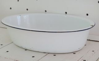 Lg Antique White Enamelware Oval Wash Tub Basin Dry Sink Party Cooler Farmhouse