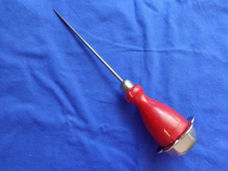 Vintage Ice Pick Red Enamel Turned Wood Handle Stainless Pick Hand End Cap Solid