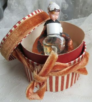 Miniature Vintage French Glass Perfume Bottle With Doll In Hatbox France