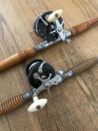 2 Vintage Ocean City Fishing Reels 112 And 901,  2 Wood - Handle Rods See Pictures