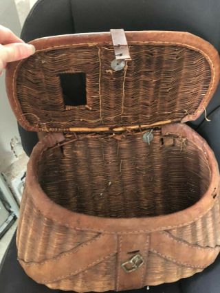 Antique Split willow fishing creel trimmed in saddle leather 1920 - 50 ' s vintage 3