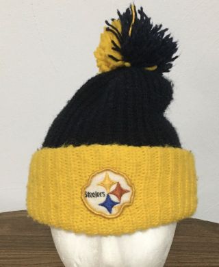 Vintage 1970s 80s Nfl Pittsburgh Steelers Knit Beanie Hat Cap Pom Black Yellow