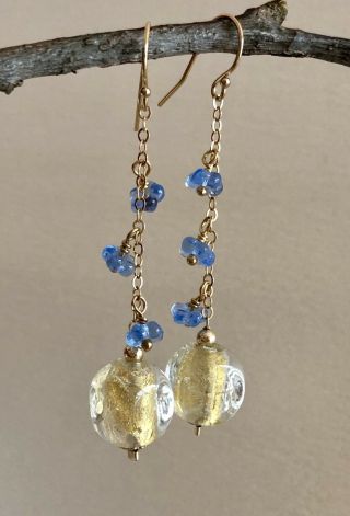 14ct Gold Filled Earrings Vintage Blue Glass Flower Beads & Gold Foil Beads.