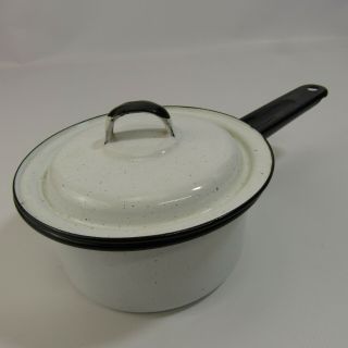 Vintage Enamelware Saucepan With Lid White & Black 3 " X 6 " Speckled Farm Rustic