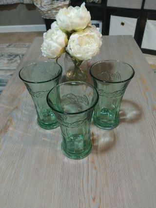 Vintage Set Of 3 Coca Cola Glass Green Libby Flared Tumbler Heavy 16oz