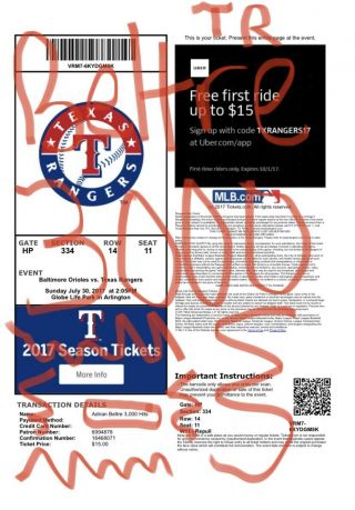 Adrian Beltre Hof 3,  000 Hits Game Ticket Stub 3k 07 - 30 - 2020 Texas Rangers E - Ship