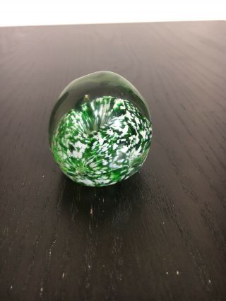 Antique Hand Blown Green Dump Glass Paperweight Sulphide Speckled Glass Inside