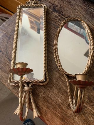 2 Vtg Decorative Twisted Brass Beveled Mirror Wall Sconces Candleholders