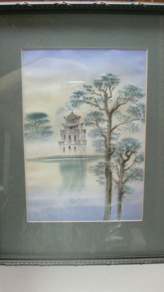 Vintage Silk Screen Print Vietnam Framed Pagoda/lake/trees