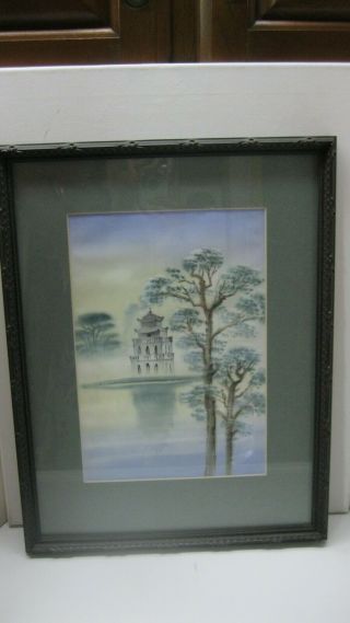 Vintage Silk Screen Print Vietnam Framed Pagoda/Lake/Trees 2