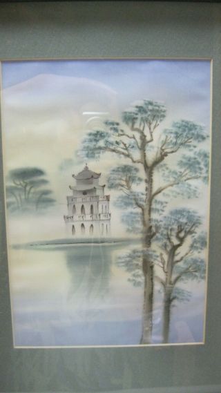 Vintage Silk Screen Print Vietnam Framed Pagoda/Lake/Trees 3