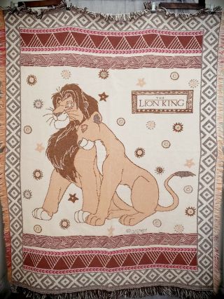 Vintage Beacon Lion King 90s Fringed Woven Throw Blanket Adult Simba Nala Disney