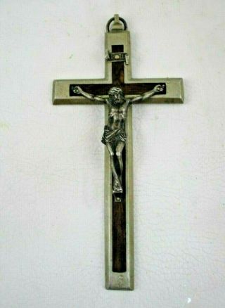 Vintage Or Antique 6 " Crucifix Catholic Heavy Metal Inlaid W/ Wood - Unmarked
