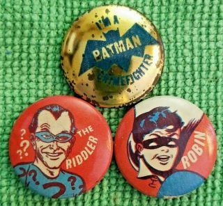 3 Vintage 1966 The Riddler Robin Batman Button Pin Pinback 7/8 "