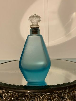 Perfume Bottle Frosted Blue With A Crown Stopper Vintage