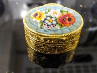 Vintage Brass & Enamel Flowered Hinged Trinket / Pill Box